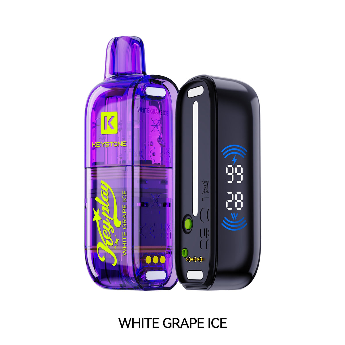 A Vfeel Keyplay Disposable transparent purple vape device and a black rectangular battery pack with a digital display, shown on a white background with the text 'WHITE GRAPE ICE' below.