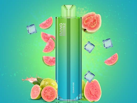 Bang B2 Guava Ice Disposable 20mg 2mL with tropical fruit imagery and frosty elements, emphasizing its sweet and icy vape.