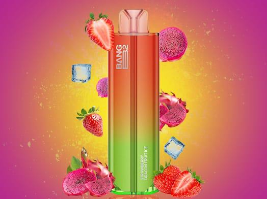 Bang B2 Strawberry Dragon Fruit Ice Disposable 20mg 2mL with vibrant fruit visuals and icy elements, emphasizing its fruity, refreshing vape.