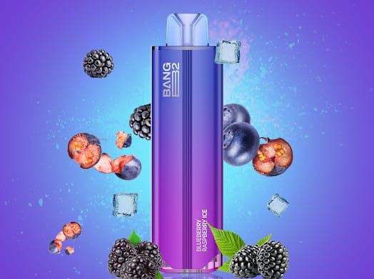 Bang B2 Blue Raspberry Ice Disposable 20mg 2mL with berry imagery and cool accents, emphasizing its bold and icy vape experience.