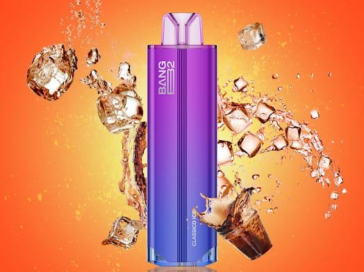 Bang B2 Classico Ice Disposable 20mg 2mL with soda imagery and frosty accents, emphasizing its cola and menthol vape experience.