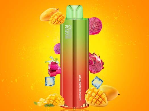 Bang B2 Mango Dragon Fruit Disposable 20mg 2mL with vibrant tropical visuals, emphasizing its fruity, exotic flavor.