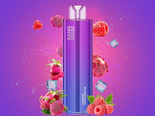 Bang B2 Raspberry Dragon Fruit Ice Disposable 20mg 2mL with vibrant fruit visuals and icy elements, emphasizing its fruity, refreshing vape.