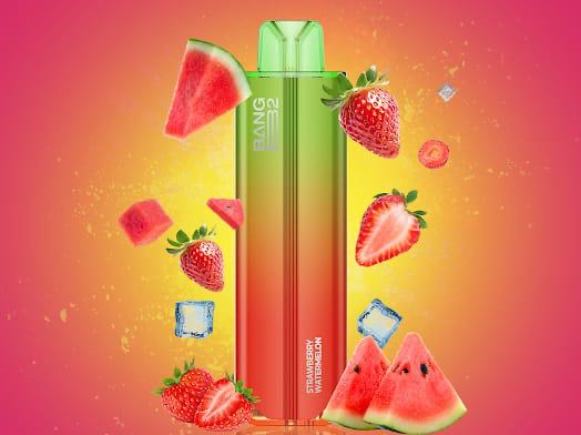 Bang B2 Strawberry Watermelon Disposable 20mg 2mL with vibrant fruit visuals, emphasizing its juicy, refreshing flavor.