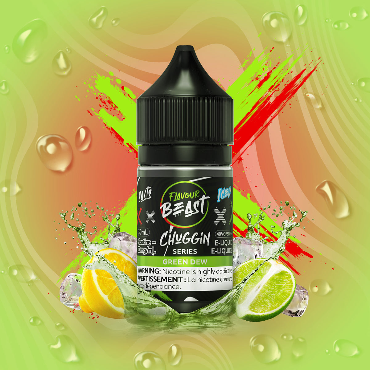 Flavour Beast Chuggin Green Dew 3mg 30mL displayed against a vibrant citrus-themed background, emphasizing its energizing and refreshing profile.