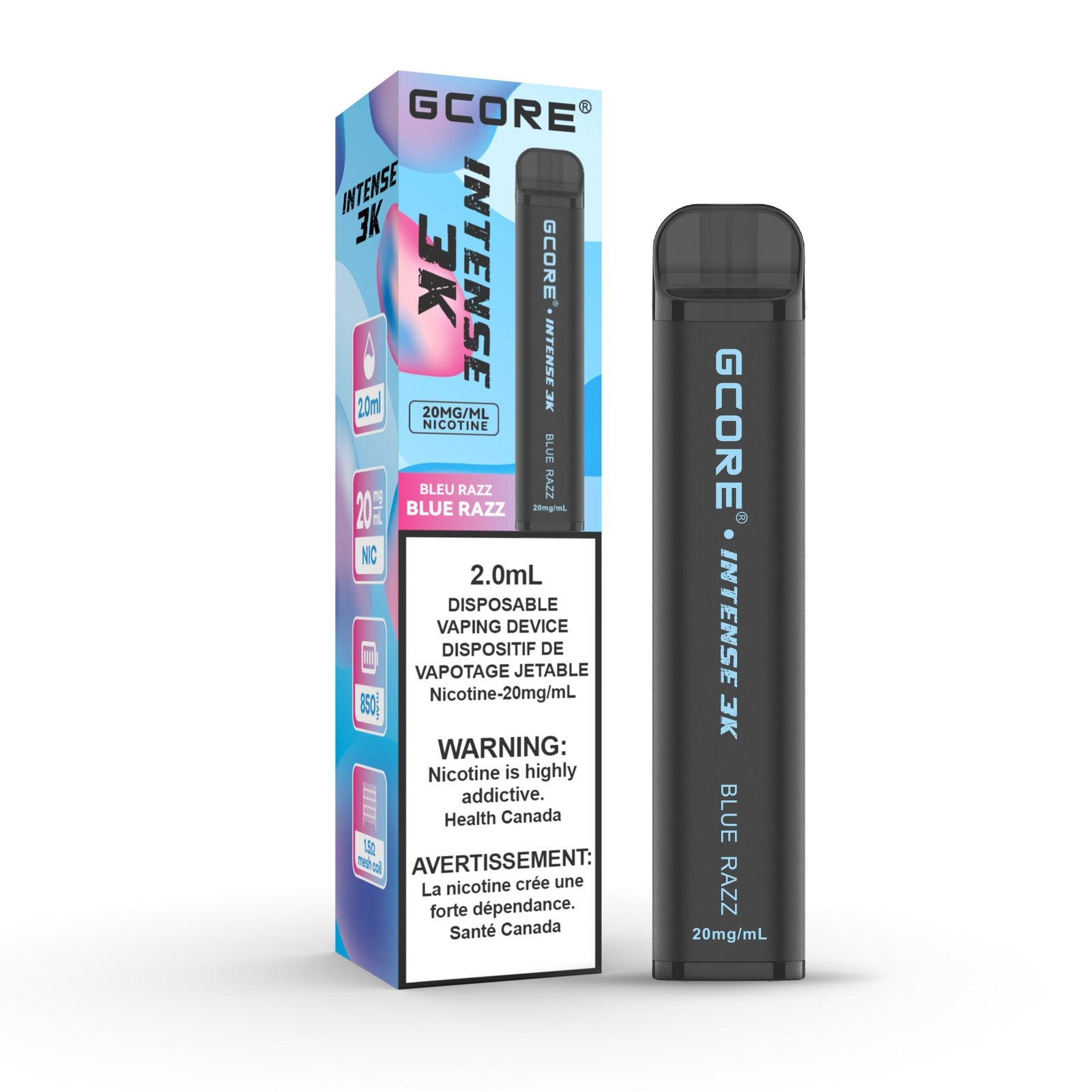 GCore Intense 3K Blue Razz Disposable Vape 20mg 2mL, featuring a tangy blue raspberry flavor with an icy finish.