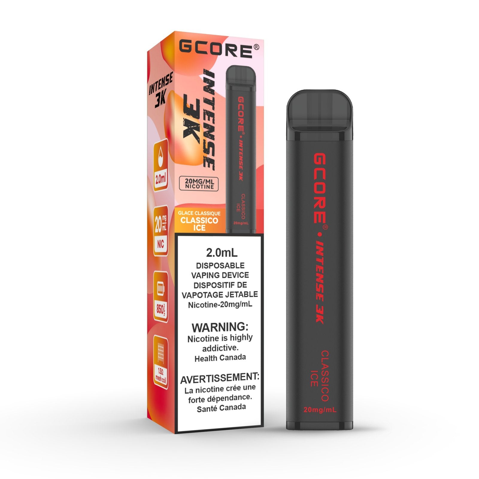 GCore Intense 3K Classico Ice Disposable Vape 20mg 2mL, featuring smooth tobacco with a cool menthol finish.