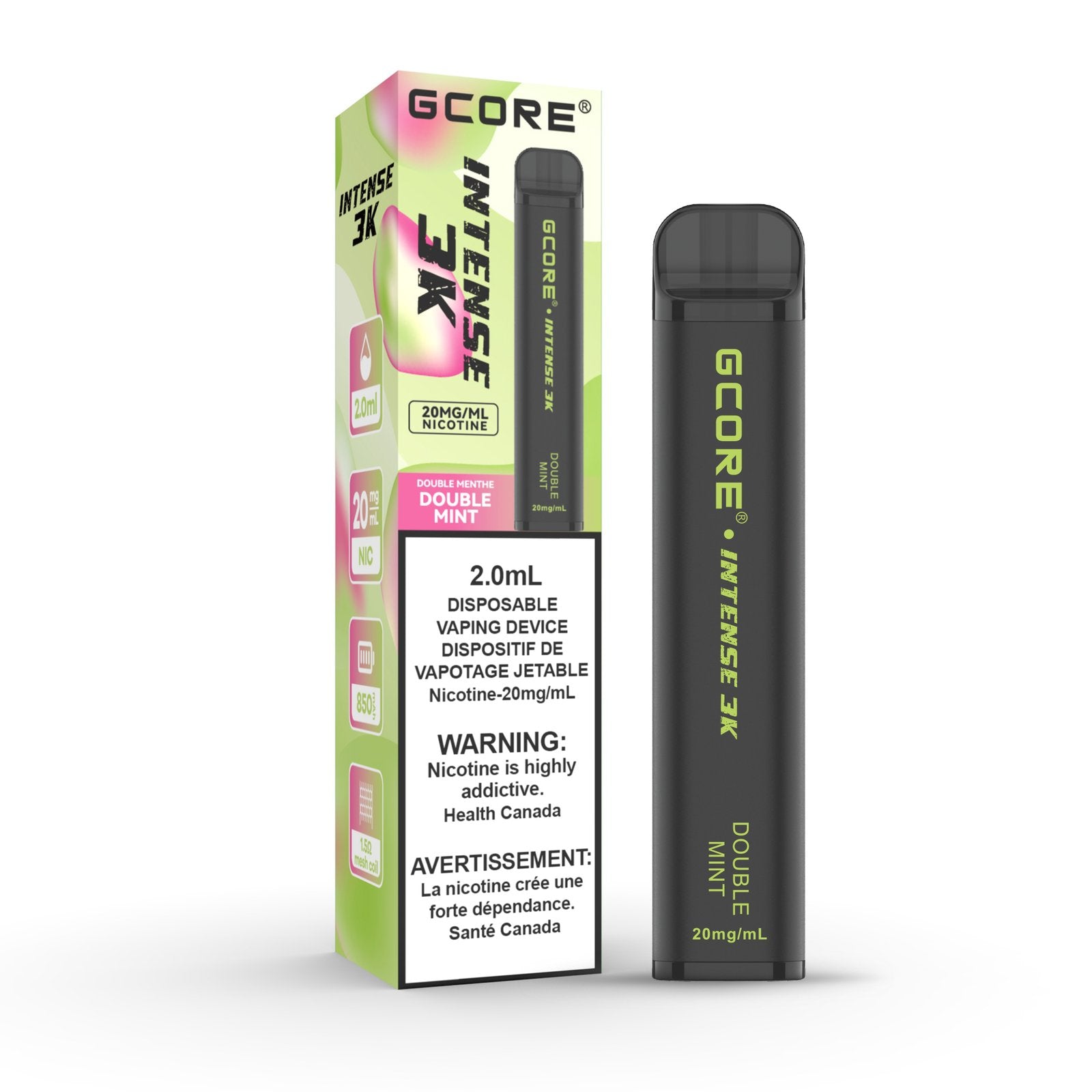 GCore Intense 3K Double Mint Disposable Vape 20mg 2mL, featuring an icy peppermint and spearmint flavor for a refreshing vape.
