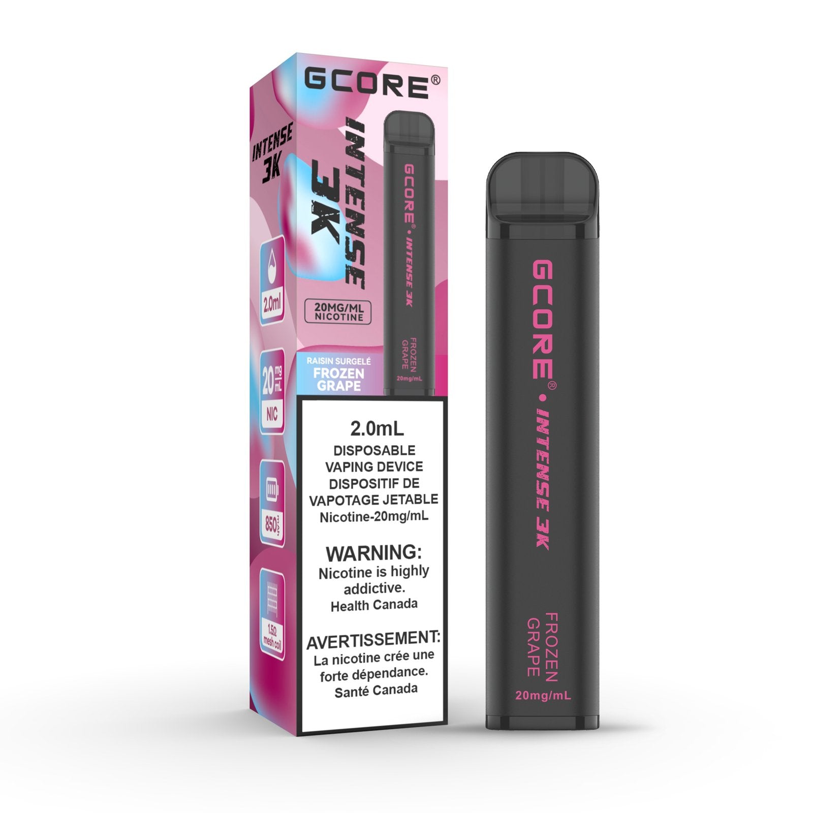 GCore Intense 3K Frozen Grape Disposable Vape 20mg 2mL, featuring a bold grape flavor with an icy menthol finish.
