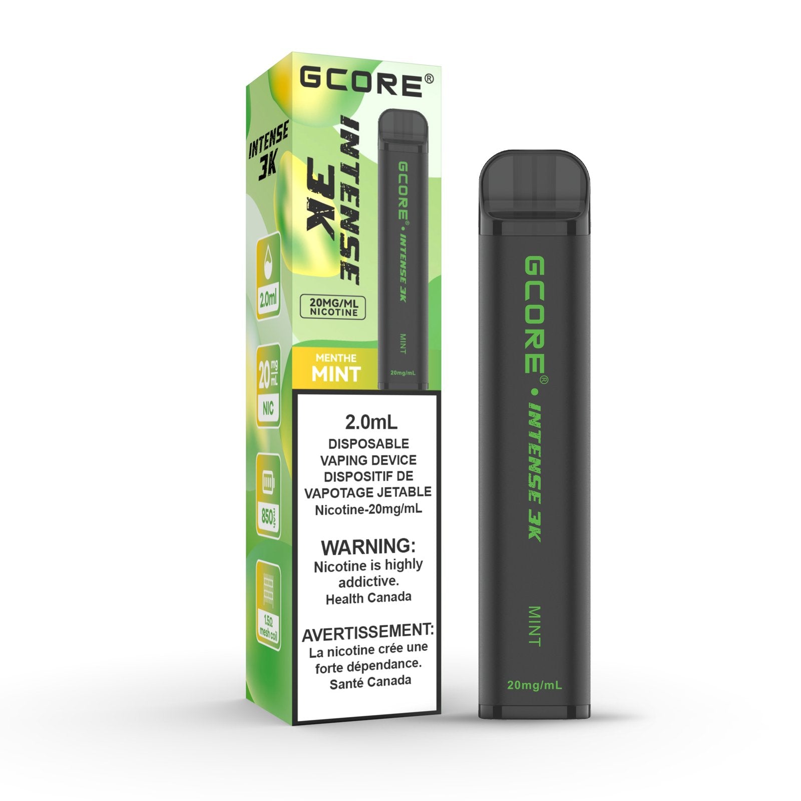 GCore Intense 3K Mint Disposable Vape 20mg 2mL, featuring a pure, crisp mint flavor with an icy exhale.