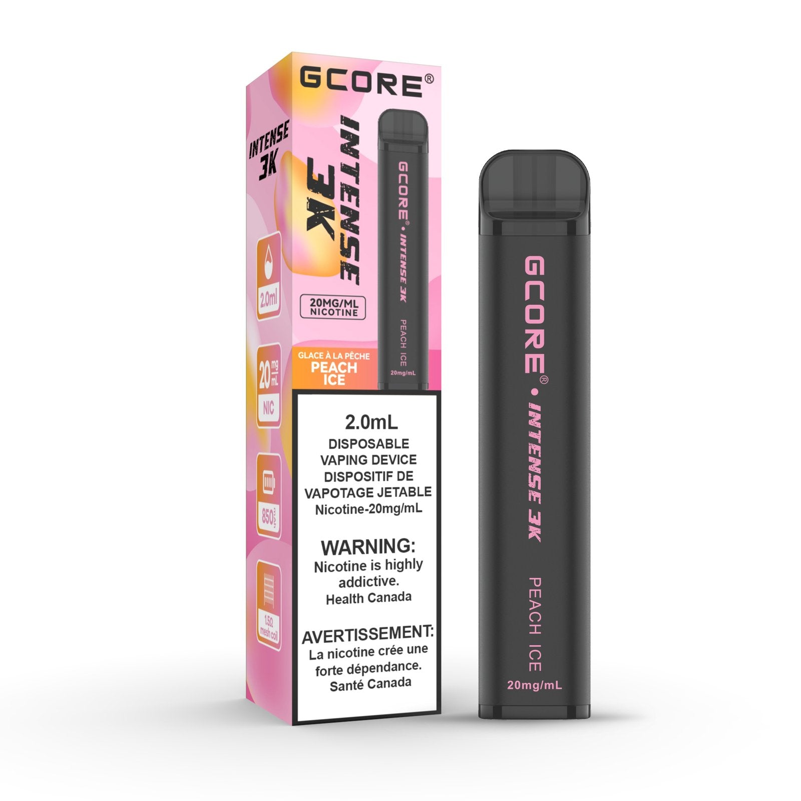 GCore Intense 3K Peach Ice Disposable Vape 20mg 2mL, featuring juicy peach flavor with a cool icy finish.