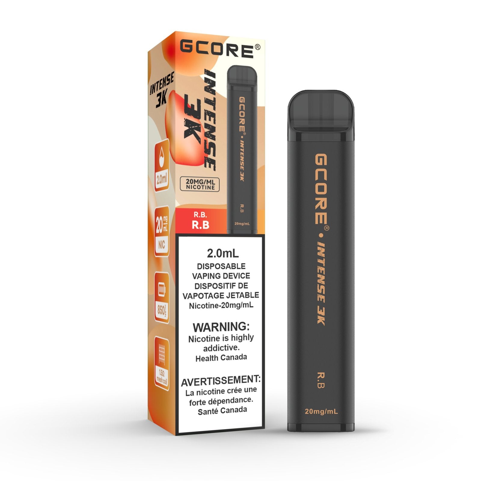 GCore Intense 3K R.B. Disposable Vape 20mg 2mL, featuring classic root beer flavor with a smooth and creamy finish.