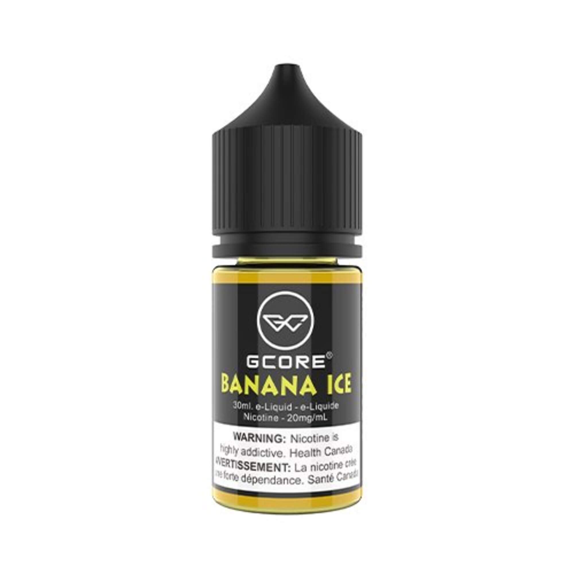 GCore Salt E-Juice - Banana Ice 20mg 30ml bottle up close, showcasing sleek design and creamy banana flavor.