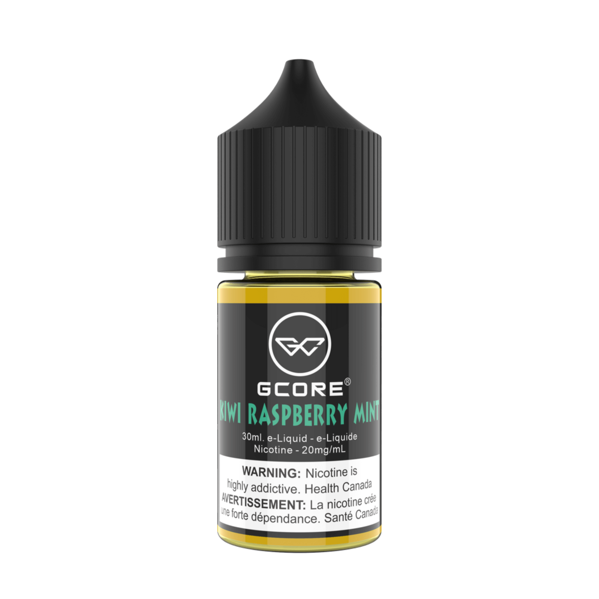 GCore Salt E-Juice - Kiwi Raspberry Mint 20mg 30ml bottle up close, showcasing sleek design and vibrant fruit flavors.