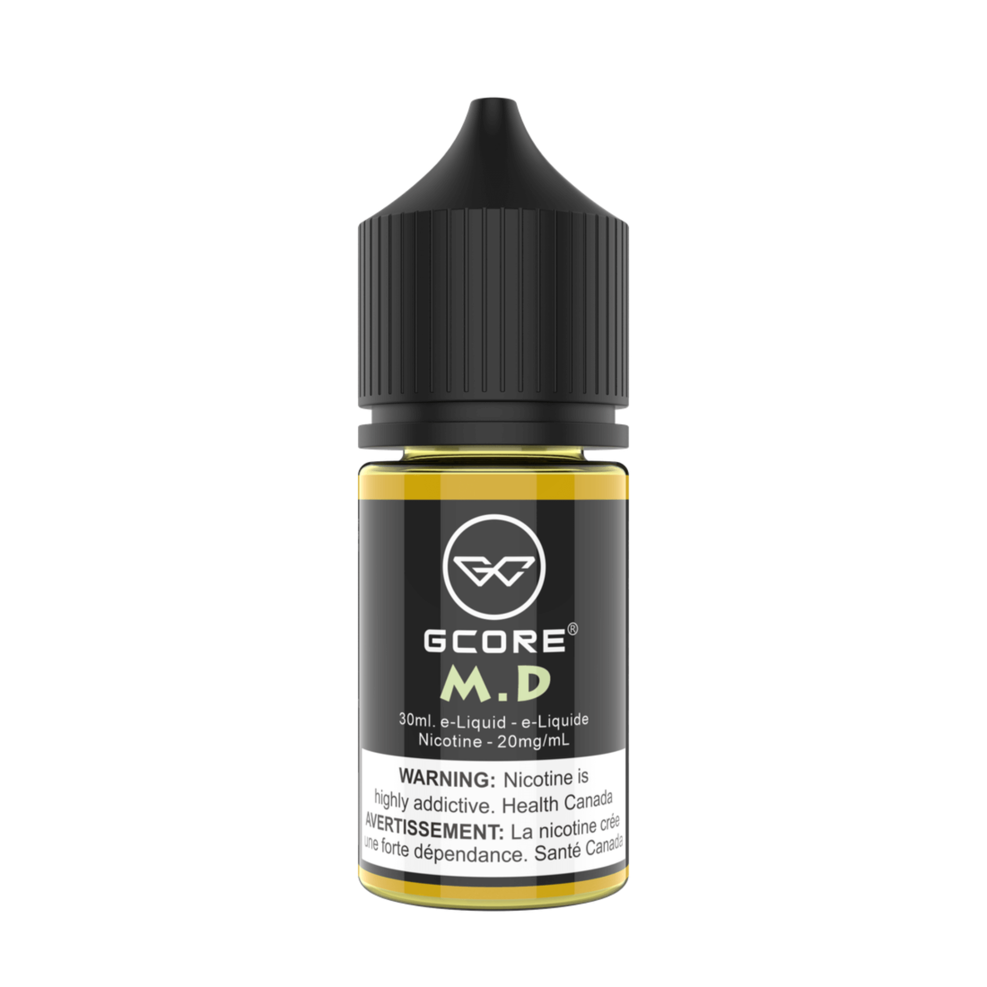 GCore Salt E-Juice - M.D. (Mountain Dew) 20mg 30ml bottle up close, showcasing sleek design and bold citrus flavor.