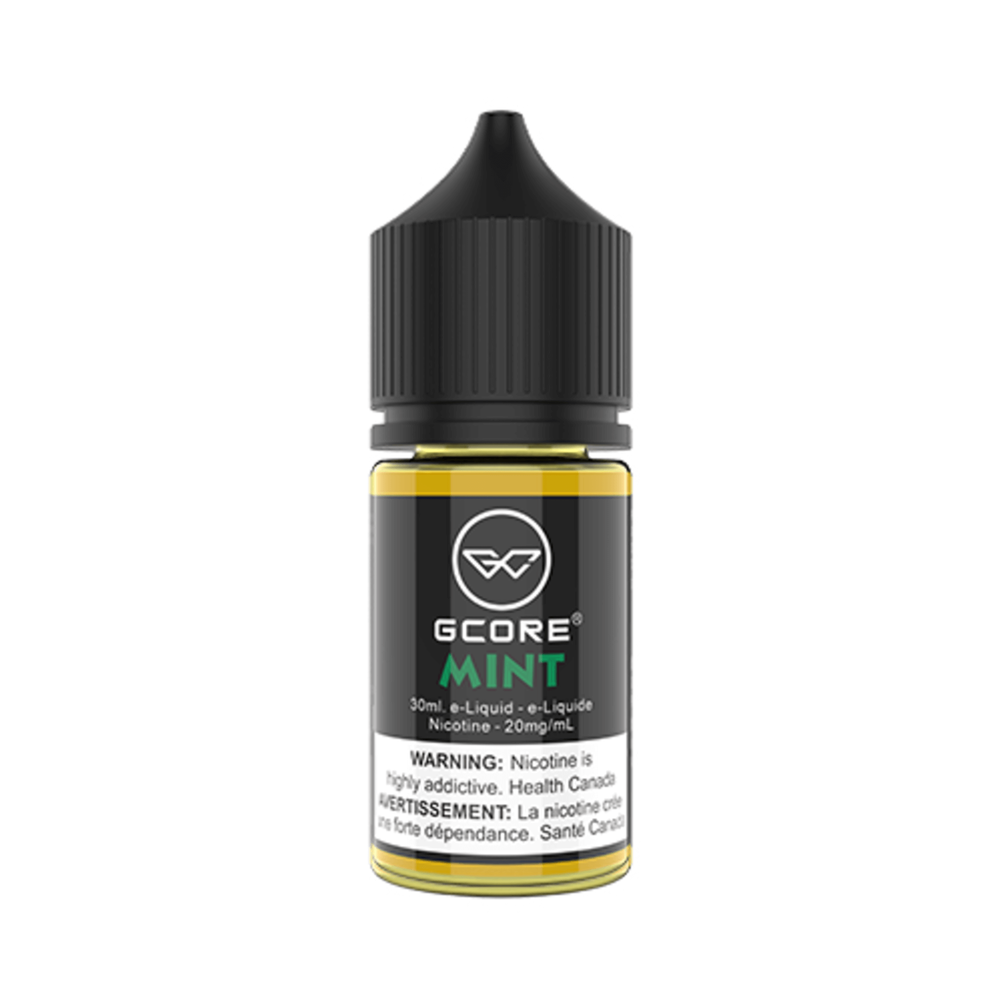 GCORE Mint E-Juice 20mg 30ml bottle up close, showcasing sleek design and premium mint flavor.