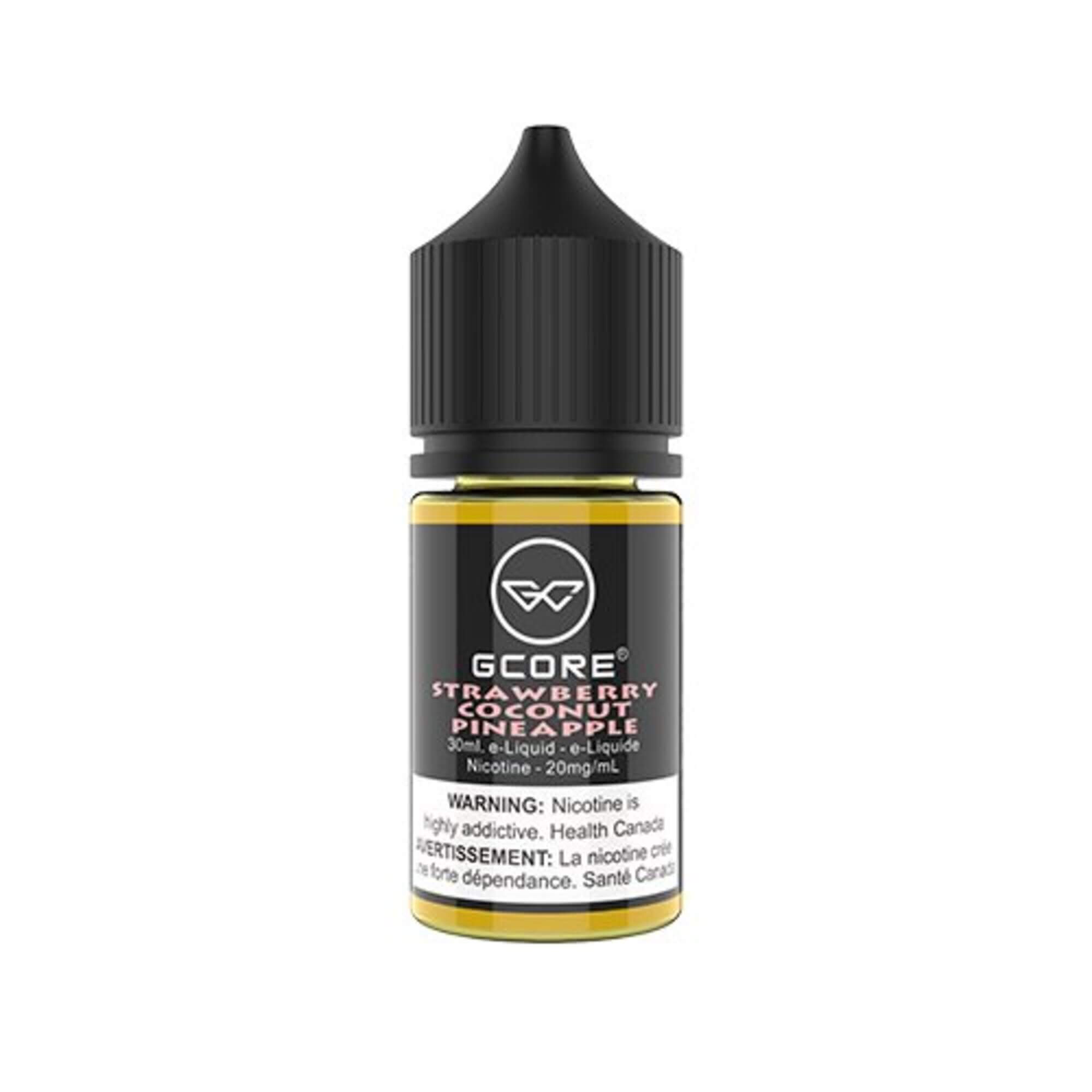 GCore Salt E-Juice - Strawberry Coconut Pineapple 20mg 30ml bottle up close, showcasing sleek design and tropical fruit flavors.