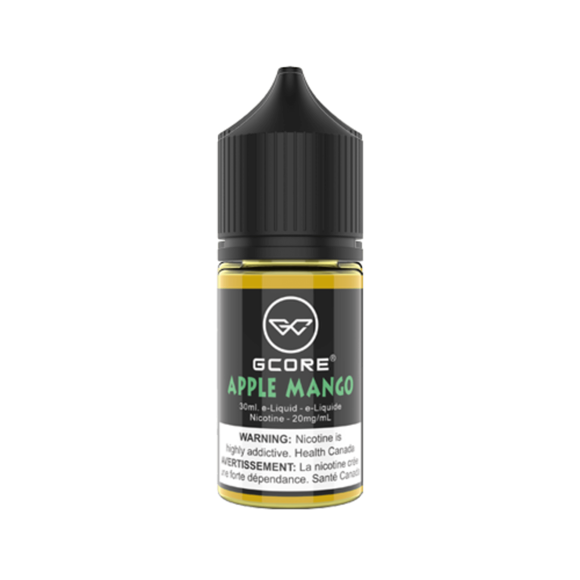 GCore Salt E-Juice - Apple Mango 20mg 30ml bottle up close, showcasing sleek design and fruity apple-mango flavor.