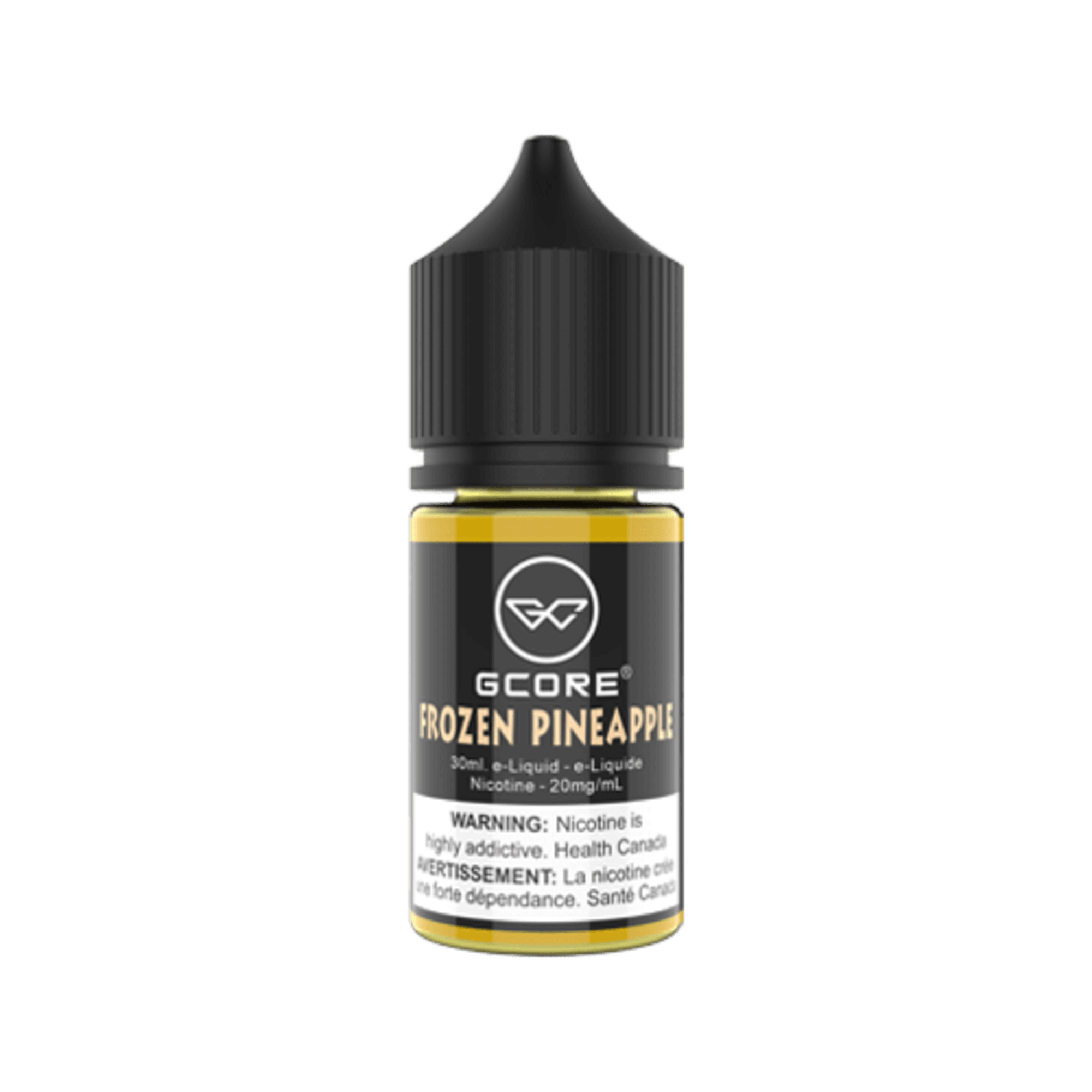 GCore Salt E-Juice - Frozen Pineapple 20mg 30ml bottle up close, showcasing sleek design and tropical pineapple flavor.