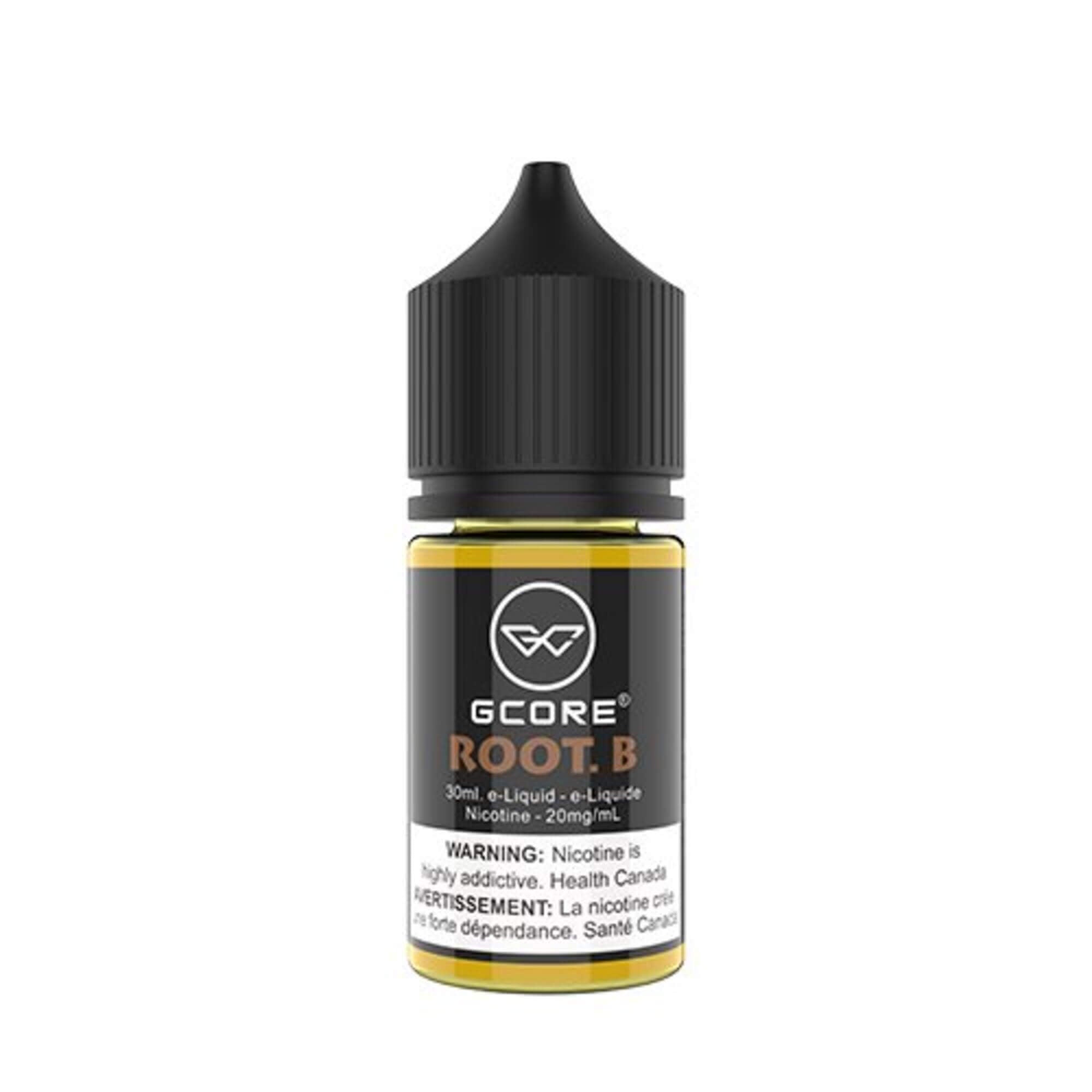 R.B. GCore Salt E-Juice (Root Beer) 20mg 30ml bottle up close, showcasing sleek design and rich root beer flavor.