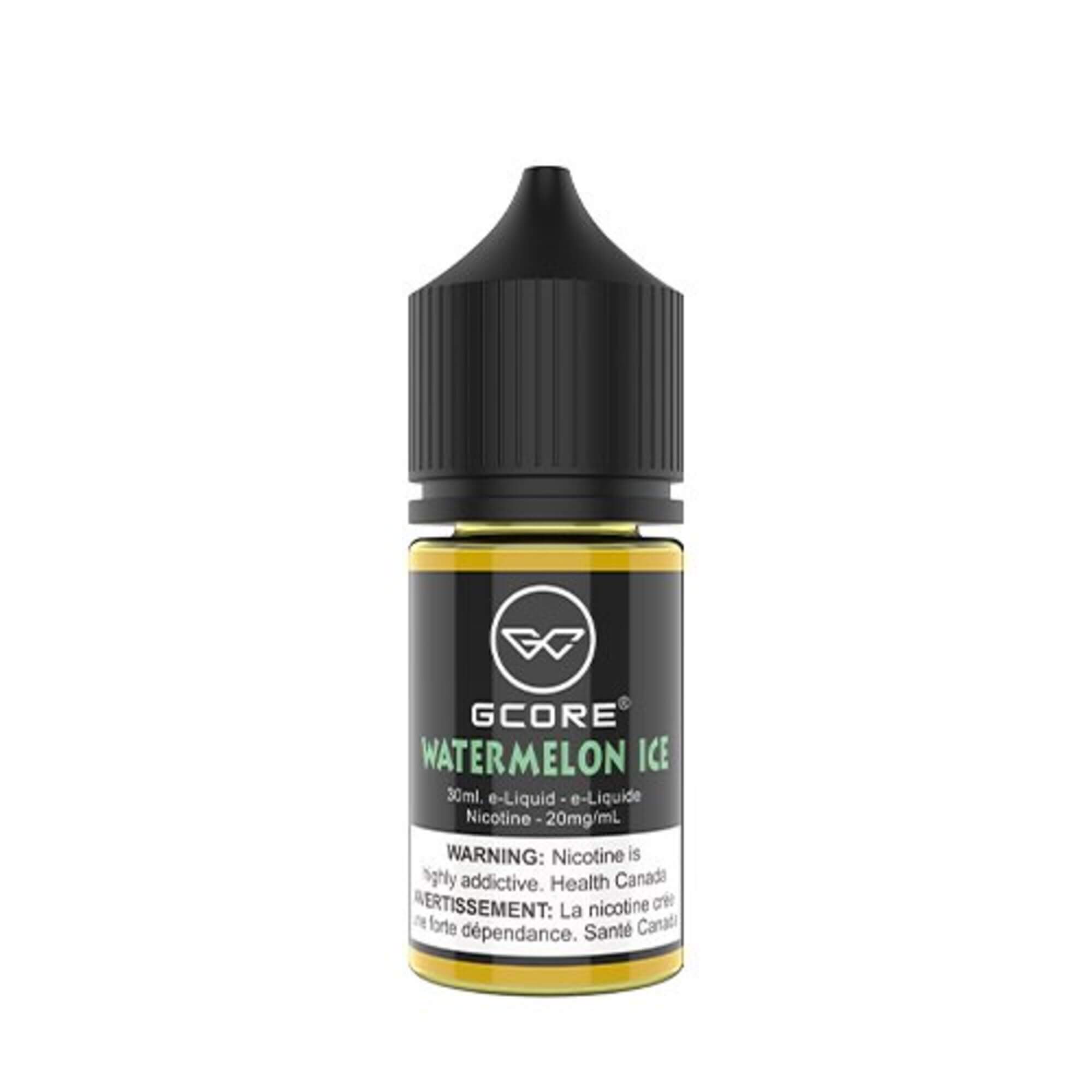Watermelon Ice GCore Salt E-Juice 20mg 30ml bottle up close, showcasing sleek design and juicy watermelon flavor.