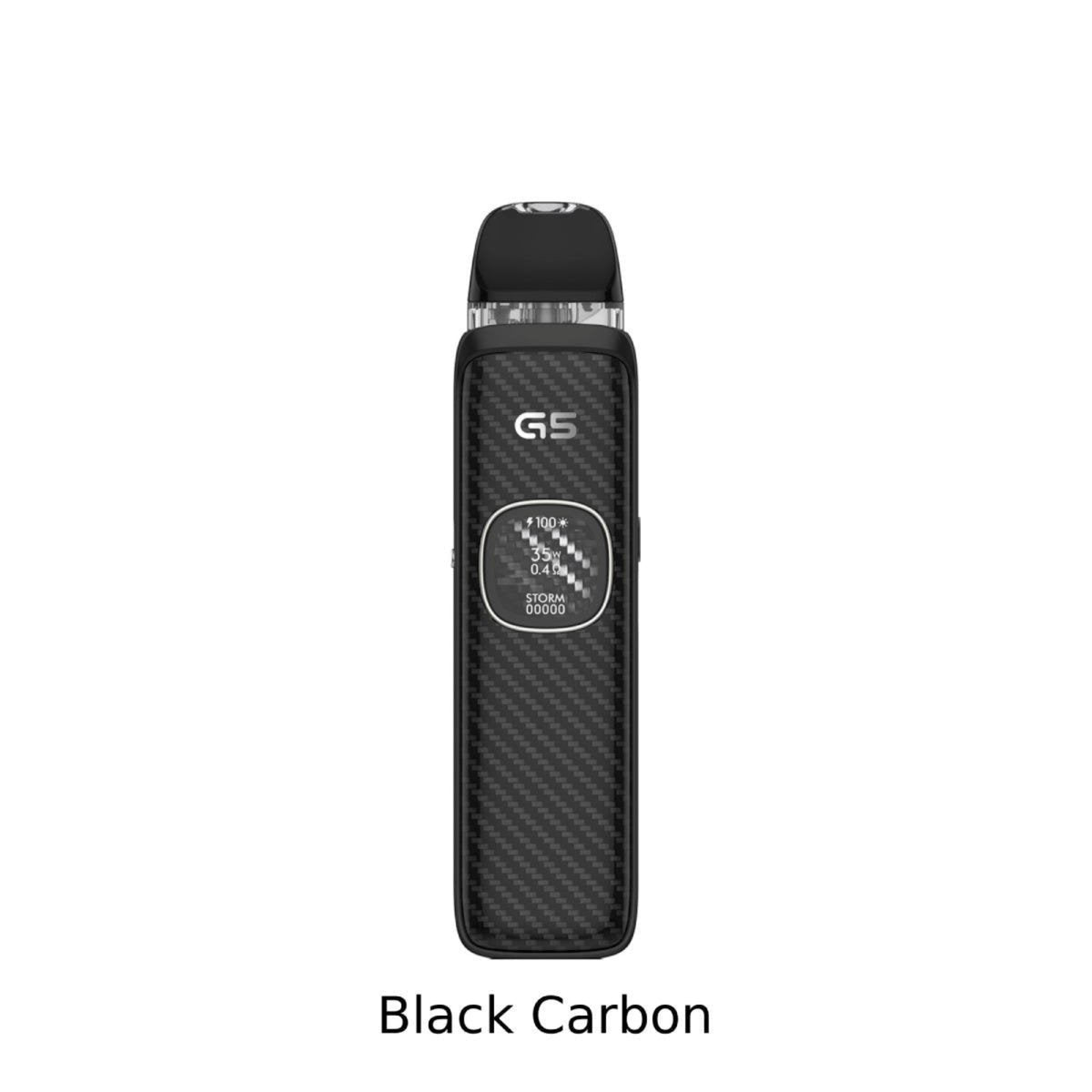 A Uwell Caliburn G5 vape device in black carbon fiber texture, shown vertically against a plain white background with the text 'Black Carbon' underneath.