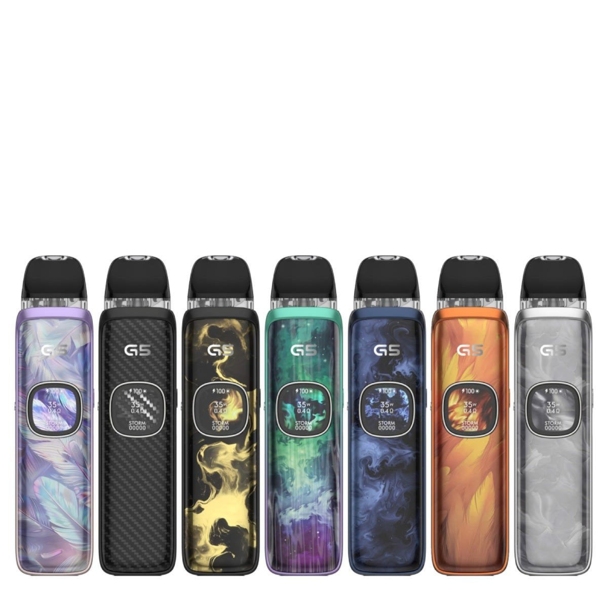 Seven Uwell Caliburn G5 vape devices in various colors on a white background