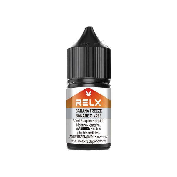 Banana Freeze RELX Nic Salt E-Liquid 20mg 30mL bottle, showcasing creamy banana flavor with an icy twist.