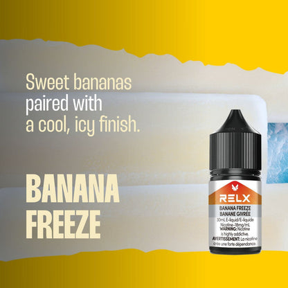 Banana Freeze RELX Nic Salt E-Liquid with fresh bananas and ice cubes, highlighting its creamy, cool taste.