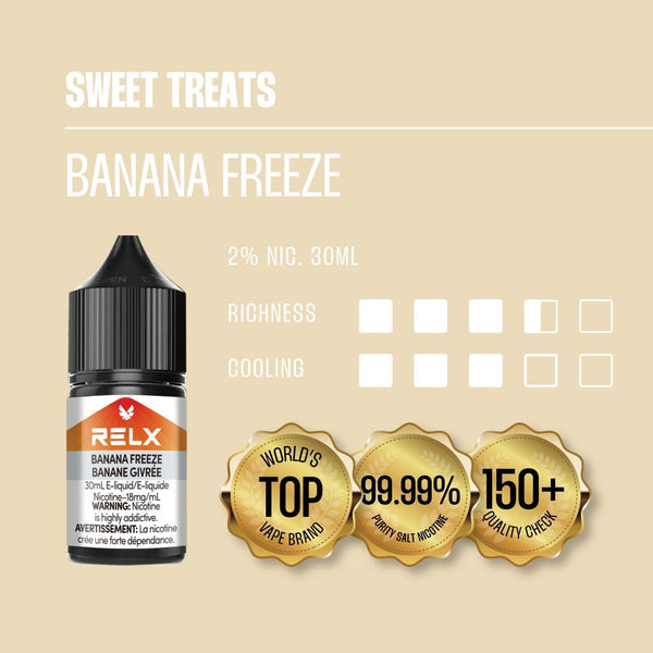 Banana Freeze RELX Nic Salt E-Liquid 20mg 30mL displayed with vibrant banana visuals and frosty elements, emphasizing its refreshing flavor.