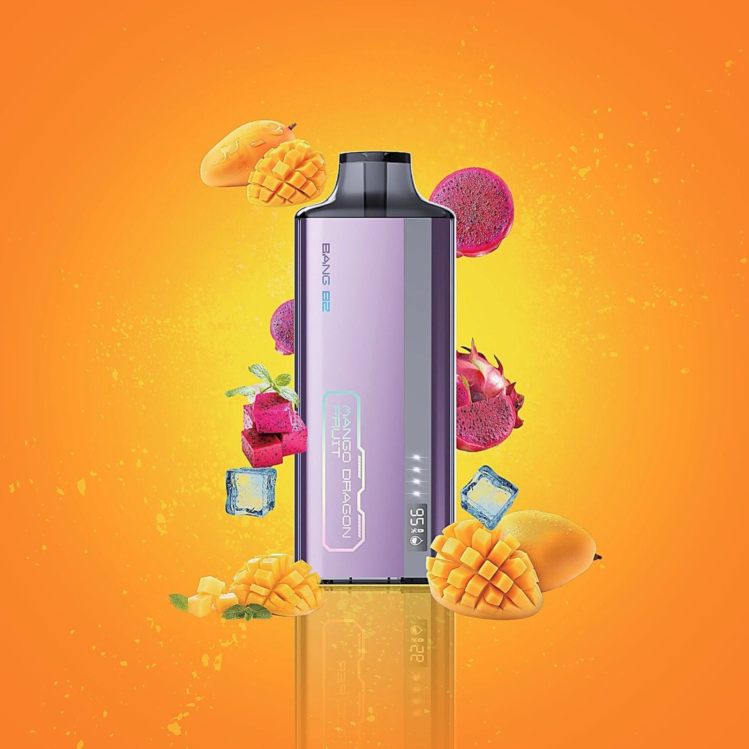 Bang B2 Mango Dragon fruit Disposable Vape device with fruit graphics on an orange background