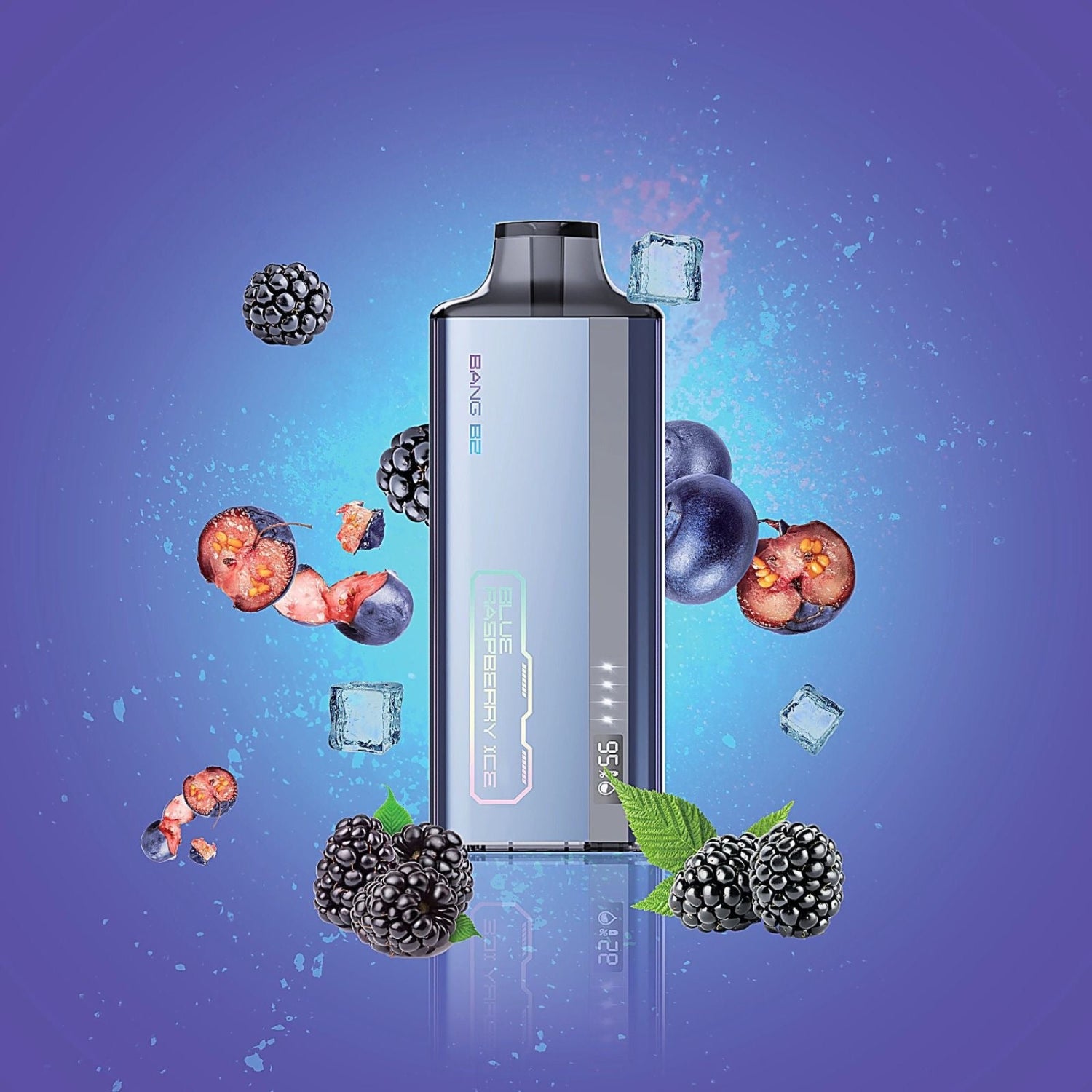 Bang B2 Blue Raspberry Ice Disposable Vape device 20mg 2mL with berry imagery and cool accents, emphasizing its bold and icy vape experience.