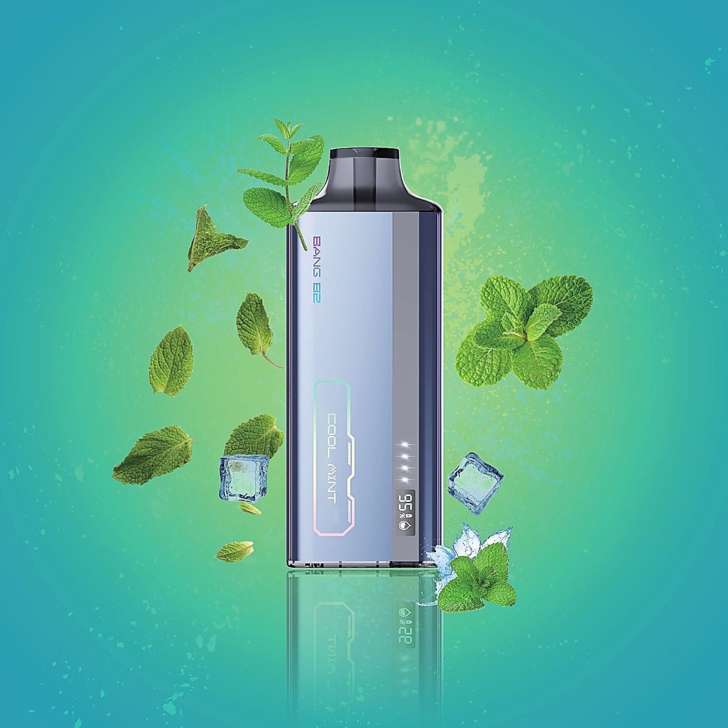 Bang B2 Cool Mint Disposable Vape device with green leaves and ice cubes on a gradient blue and green background