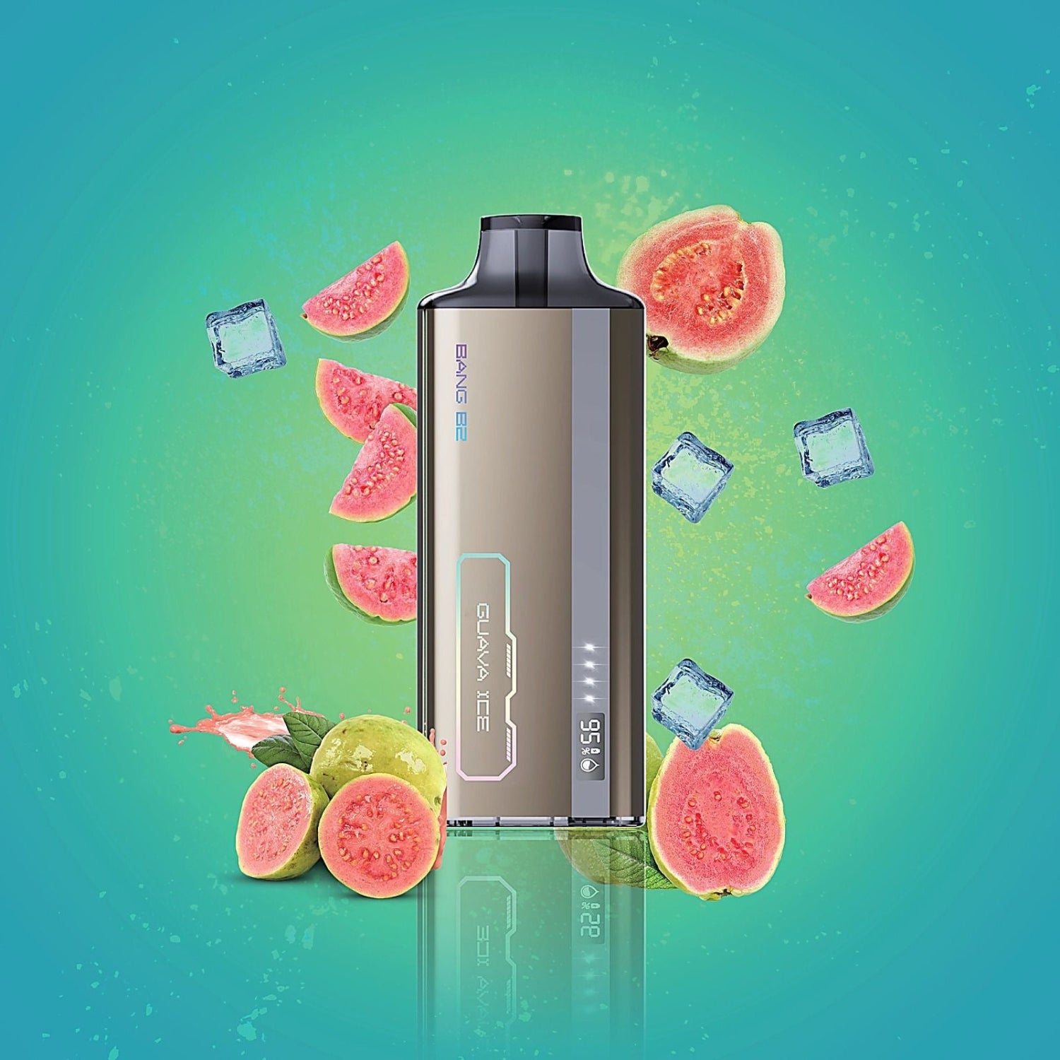 Bang B2 Guava Ice Disposable Vape device with guava slices on a gradient blue and green background