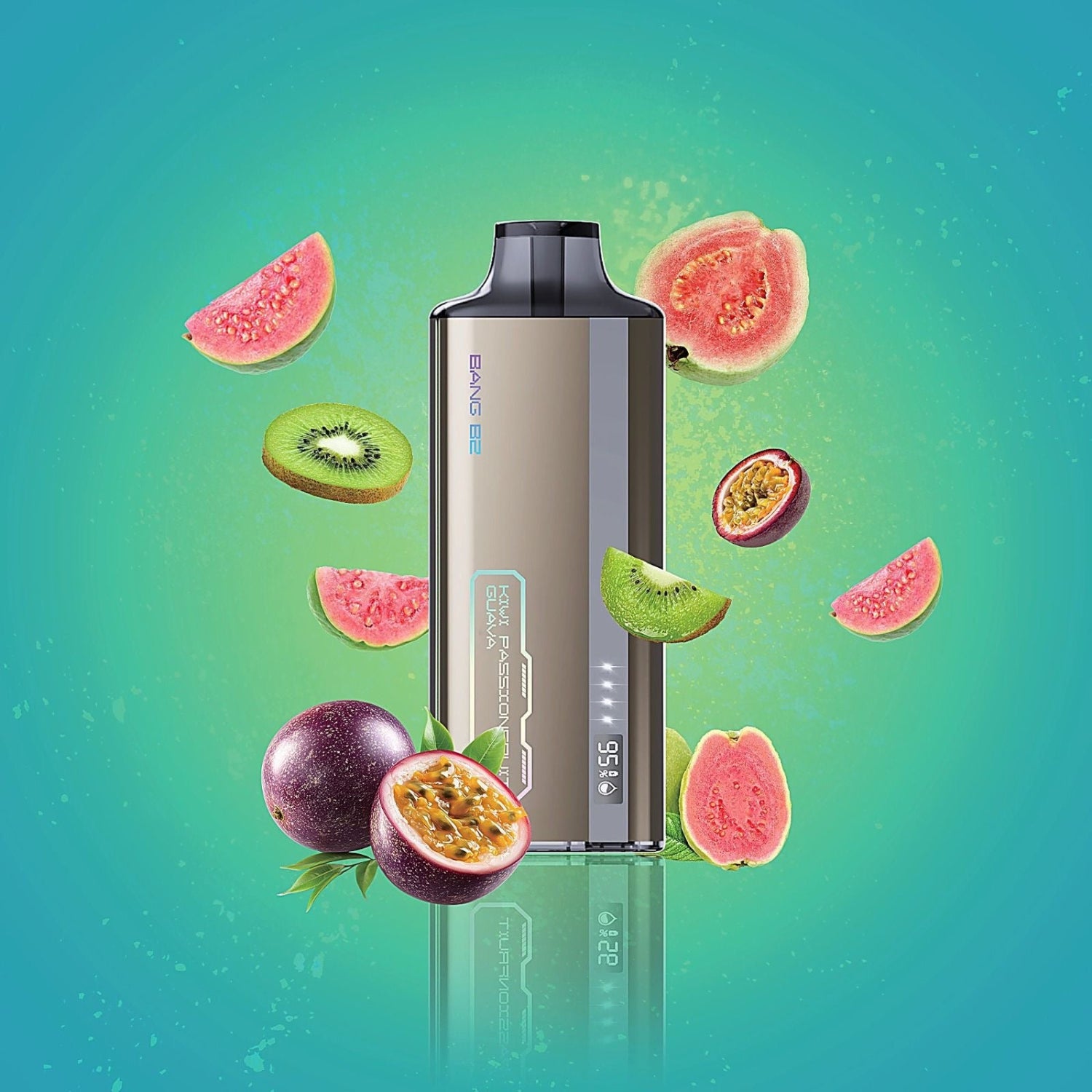Bang B2 Kiwi Passionfruit Guava Disposable Vape device with fruit slices on a gradient background