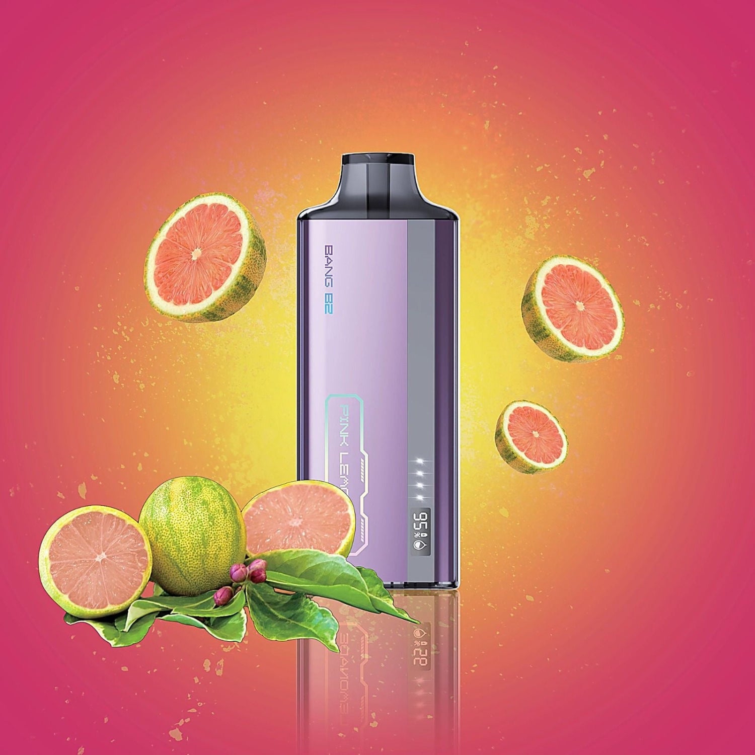 Bang B2 Pink Lemonade Disposable Vape device with grapefruit slices on a colorful gradient background