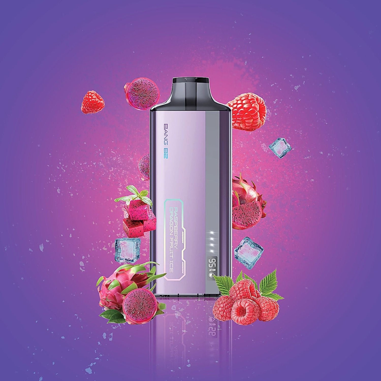 Bang B2 Raspberry Dragonfruit Ice Disposable Vape device with fruit graphics on a purple background