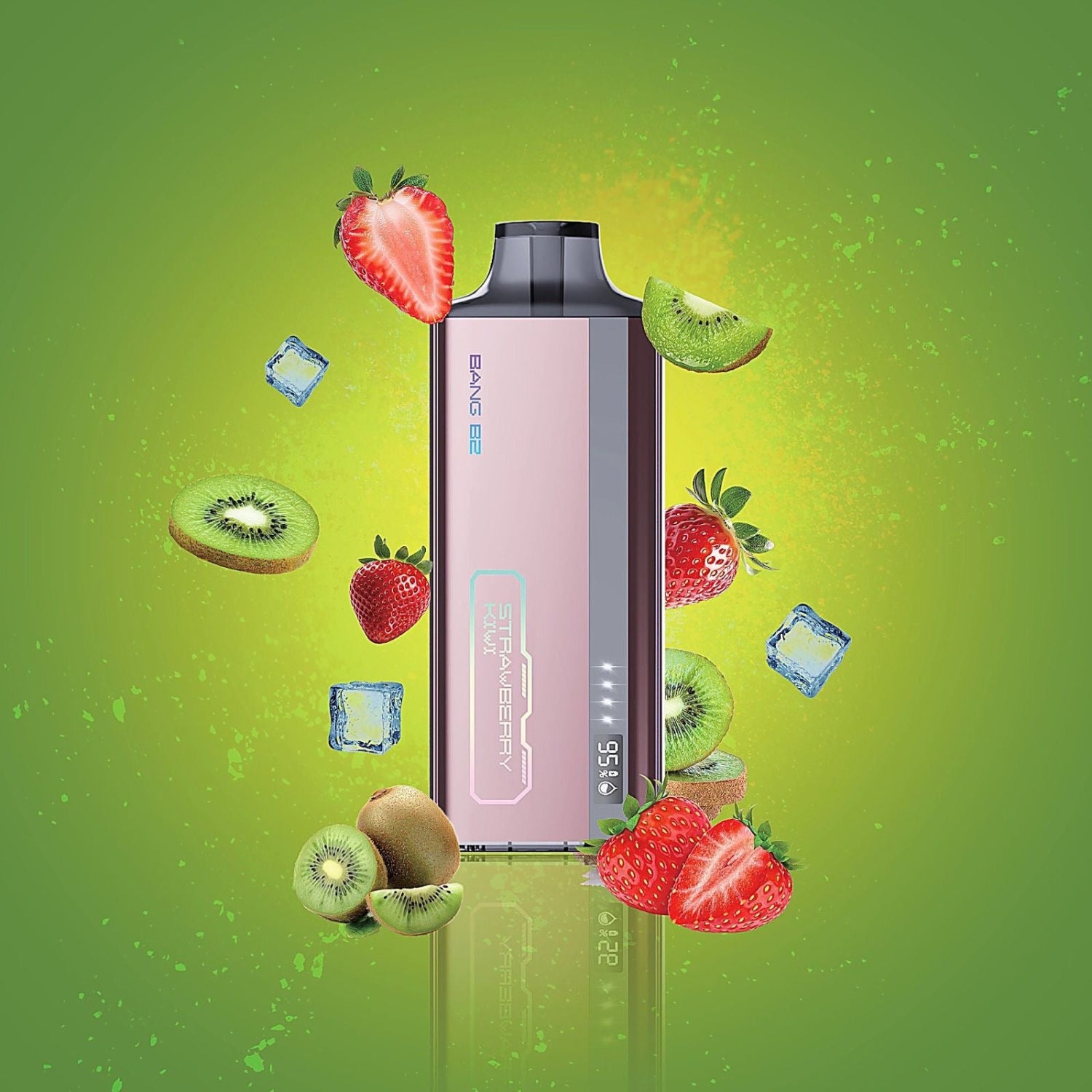 Bang B2 Strawberry Kiwi Disposable Vape device with fruit graphics on a green background