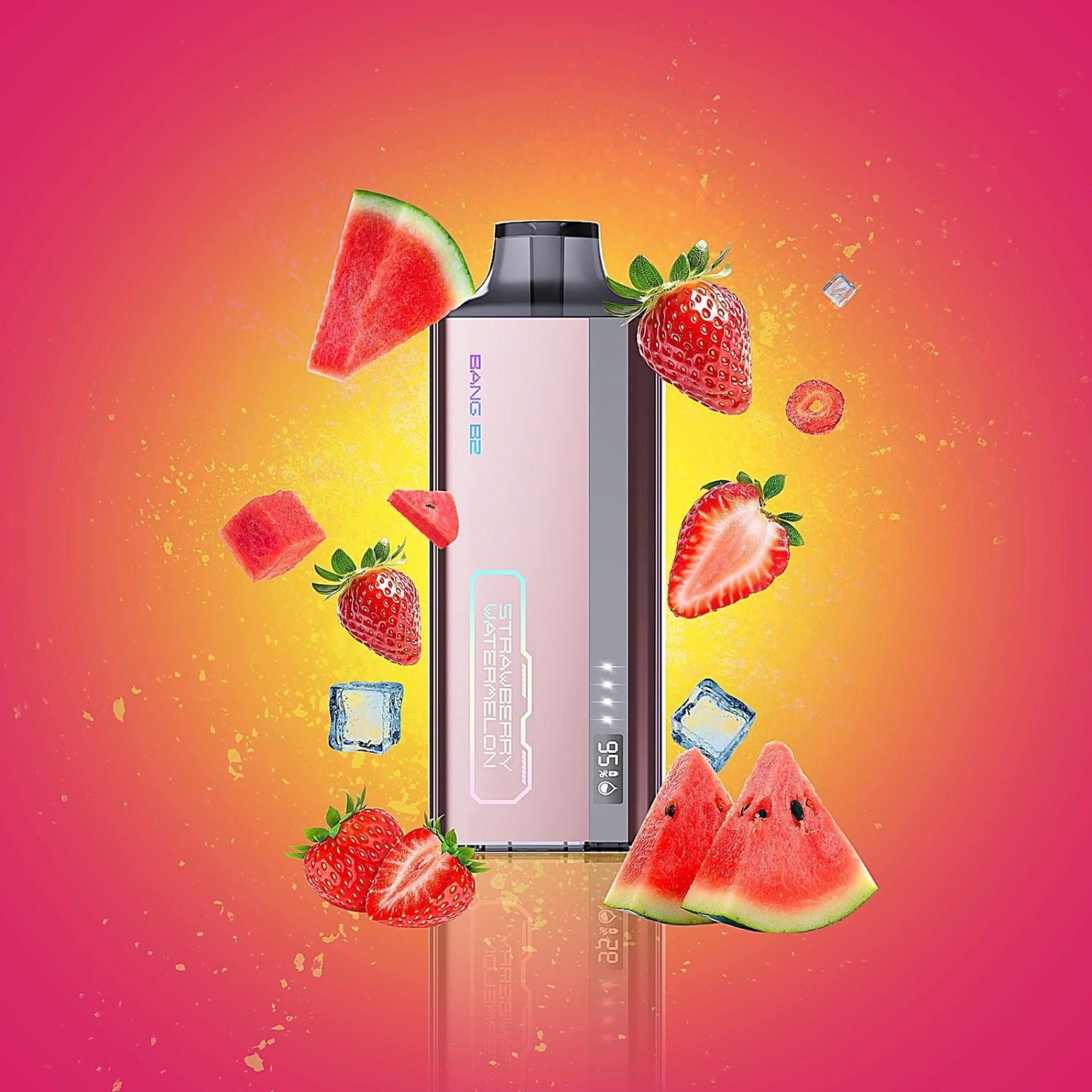 Bang B2 Strawberry Watermelon Disposable Vape Device with vibrant fruit visuals, emphasizing its juicy, refreshing flavor.
