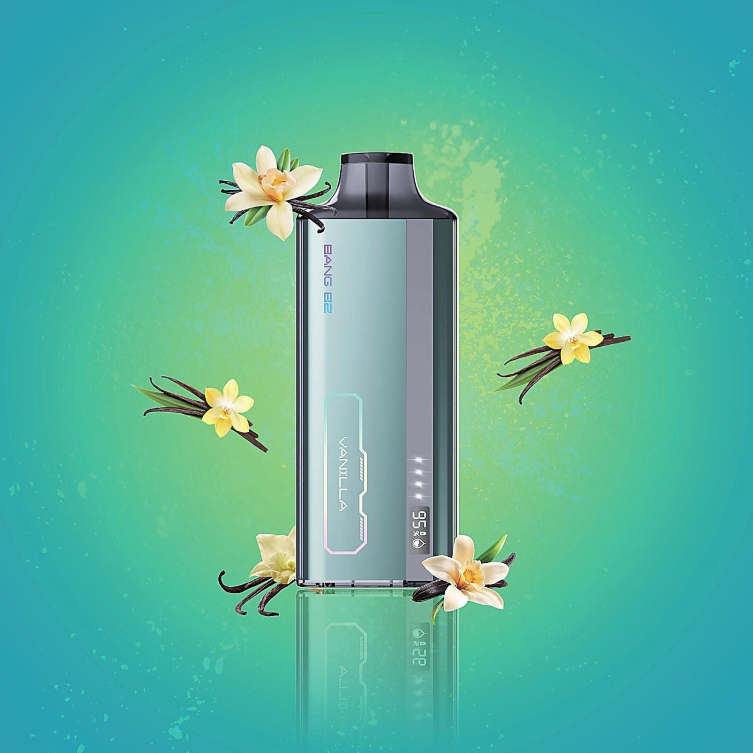 Bang B2 Vanilla Disposable Vape Device on a Green Background