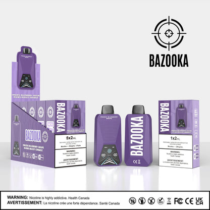 Bazooka Disposable - Frozen Blueberry Grape 20mg 2ml up close, showcasing sleek design and blueberry-grape flavor with a frosty finish.