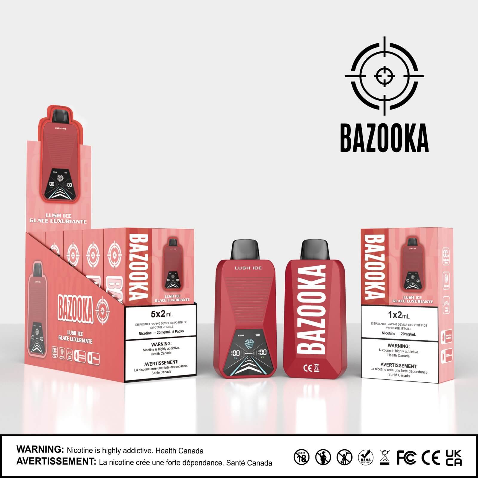 Bazooka Disposable - Lush Ice 20mg 2ml up close, showcasing sleek design and watermelon flavor with an icy twist.