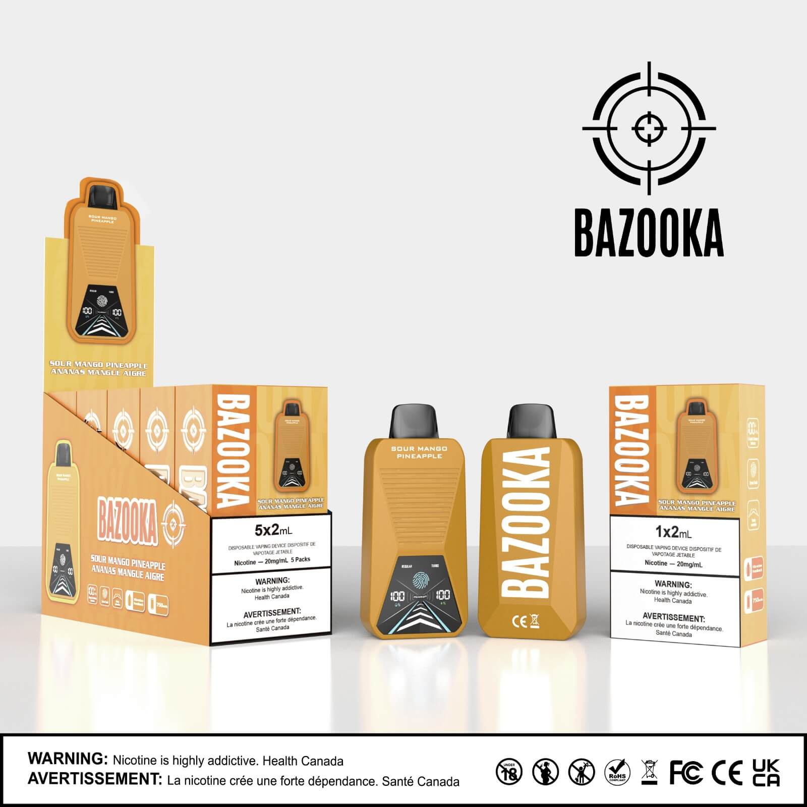 Bazooka Disposable - Sour Mango Pineapple 20mg 2ml up close, showcasing sleek design and tropical mango-pineapple flavor.