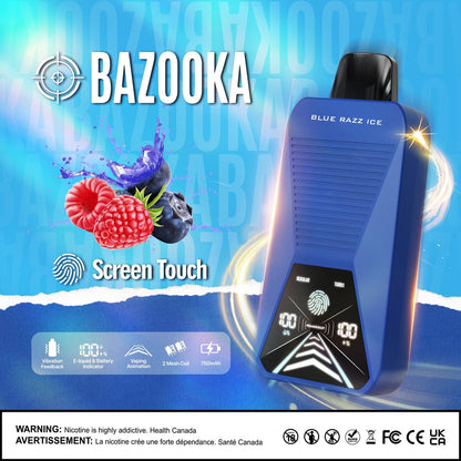 Bazooka Disposable - Blue Razz Ice 20mg placed with fresh raspberries and icy elements, highlighting its sweet and tangy essence.