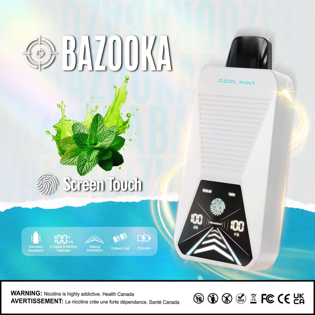 Bazooka Disposable - Cool Mint 20mg displayed against a frosty, mint-themed background, emphasizing its crisp and invigorating profile.