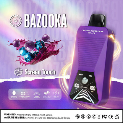 Bazooka Disposable - Frozen Blueberry Grape 20mg displayed against a vibrant fruity-themed background with icy accents, emphasizing its cool and fruity profile.