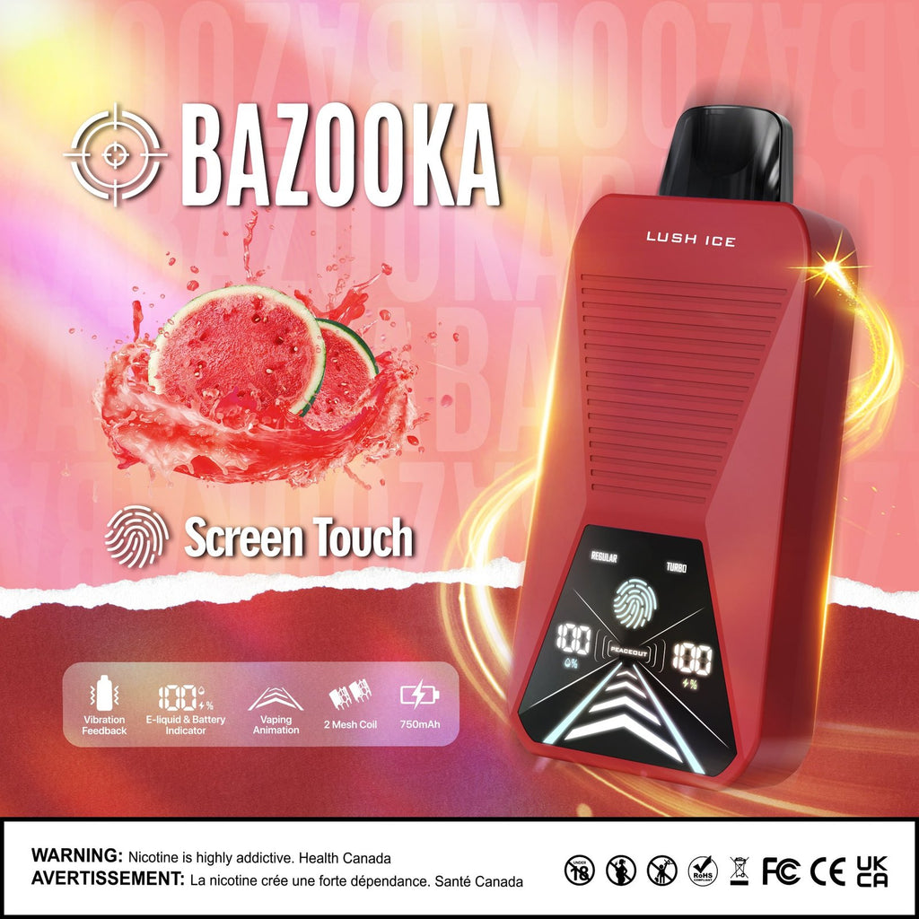 Bazooka Disposable - Lush Ice 20mg displayed against a vibrant watermelon-themed background with frosty elements, emphasizing its fruity and cool profile.