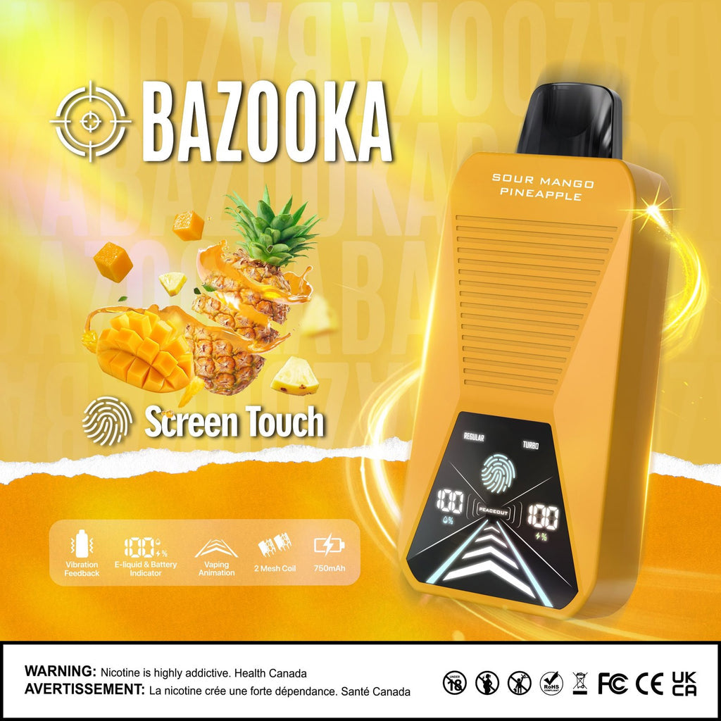 Bazooka Disposable - Sour Mango Pineapple 20mg displayed against a tropical-themed background with vibrant fruit accents, emphasizing its exotic and balanced profile.