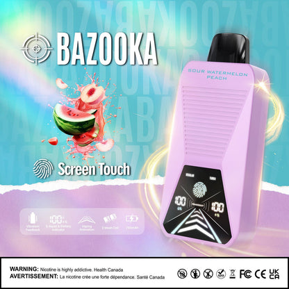 Bazooka Disposable - Sour Watermelon Peach 20mg displayed against a vibrant fruity-themed background with watermelon and peach accents, emphasizing its dynamic profile.