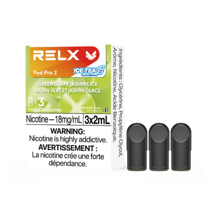 RELX Pod Pro 2 packaging with three black pods on a white background